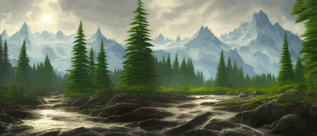 Landscape in scandinavian arctic forest, pine trees and snowy sunset, matte painting vector illustrationのイラスト素材