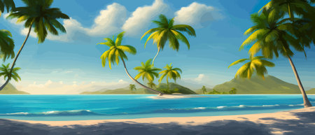 Stunning tropical beach with crystal clear water, palm trees, and blue sky, with copy space. Summer landscapeのイラスト素材