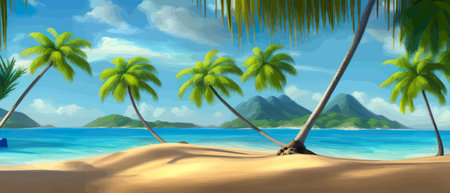 Stunning tropical beach with crystal clear water, palm trees, and blue sky, with copy space. Summer landscapeのイラスト素材