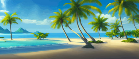 Stunning tropical beach with crystal clear water, palm trees, and blue sky, with copy space. Summer landscapeのイラスト素材