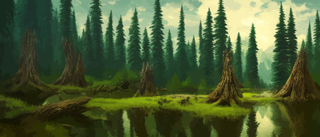 Landscape in scandinavian arctic forest, pine trees and snowy sunset, matte painting vector illustrationのイラスト素材