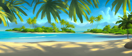 Stunning tropical beach with crystal clear water, palm trees, and blue sky, with copy space. Summer landscapeのイラスト素材