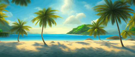 Stunning tropical beach with crystal clear water, palm trees, and blue sky, with copy space. Summer landscapeのイラスト素材