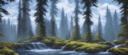 Landscape in scandinavian arctic forest, pine trees and snowy sunset, matte painting vector illustrationのイラスト素材