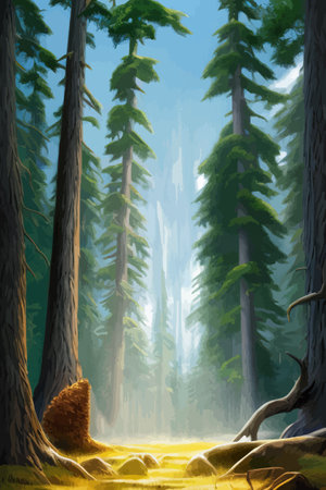Landscape in scandinavian arctic forest, pine trees and snowy sunset, matte painting vector illustrationのイラスト素材
