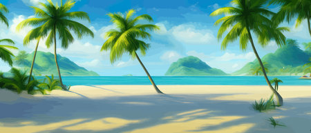 Stunning tropical beach with crystal clear water, palm trees, and blue sky, with copy space. Summer landscapeのイラスト素材
