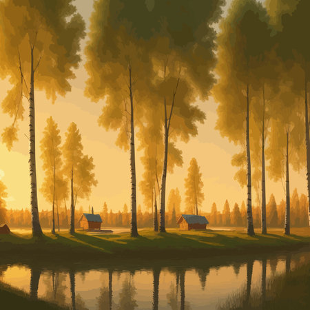 Vector illustration Autumn landscape golden alley park of birches near a pond , contemporary art impressionism abstractのイラスト素材