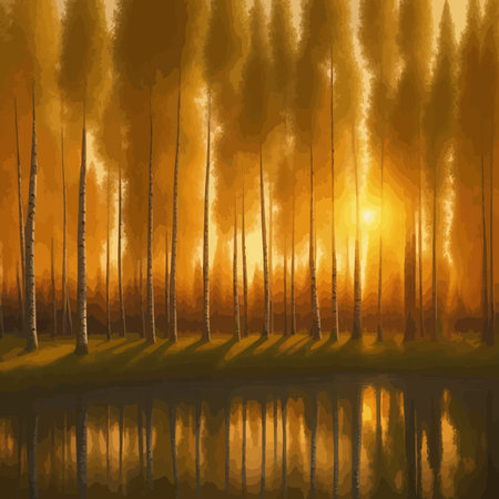 Vector illustration Autumn landscape golden alley park of birches near a pond , contemporary art impressionism abstractのイラスト素材