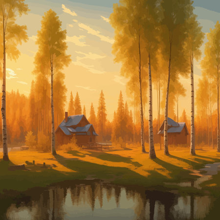 Vector illustration Autumn landscape golden alley park of birches near a pond , contemporary art impressionism abstractのイラスト素材