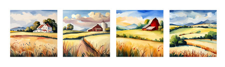 Farm on a hill with yellow or golden wheat field in a watercolor style, agriculture, cultivation, countryside, fieldのイラスト素材