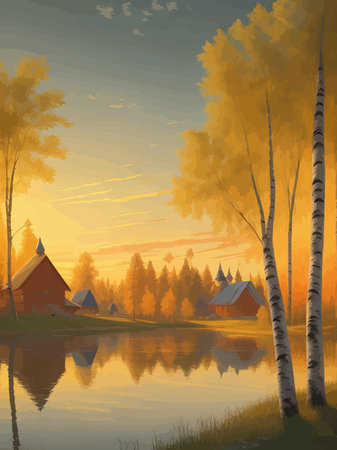 Vector illustration Autumn landscape golden alley park of birches near a pond , contemporary art impressionism abstractのイラスト素材