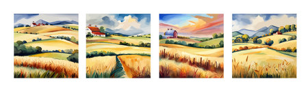 Farm on a hill with yellow or golden wheat field in a watercolor style, agriculture, cultivation, countryside, fieldのイラスト素材