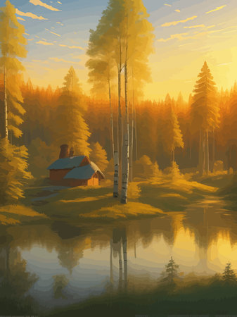 Vector illustration Autumn landscape golden alley park of birches near a pond , contemporary art impressionism abstractのイラスト素材