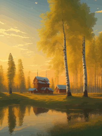 Vector illustration Autumn landscape golden alley park -modern art impressionism abstract landscape, Russian ruralのイラスト素材