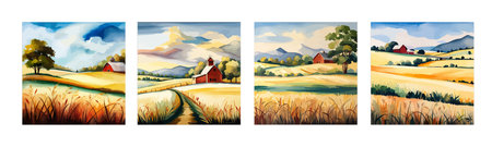 Farm on a hill with yellow or golden wheat field in a watercolor style, agriculture, cultivation, countryside, fieldのイラスト素材