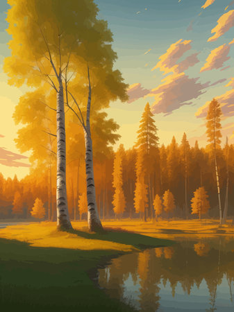 Vector illustration Autumn landscape golden alley park -modern art impressionism abstract landscape, Russian ruralのイラスト素材
