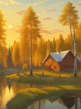 Vector illustration Autumn landscape golden alley park -modern art impressionism abstract landscape, Russian ruralのイラスト素材