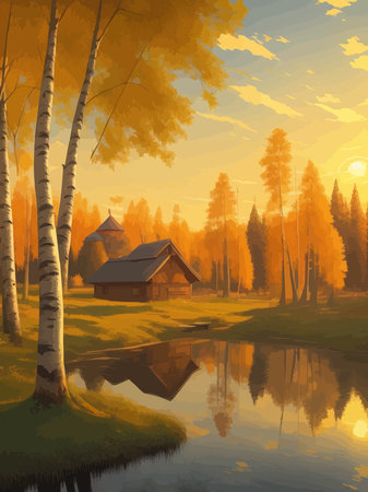 Vector illustration Autumn landscape golden alley park -modern art impressionism abstract landscape, Russian ruralのイラスト素材