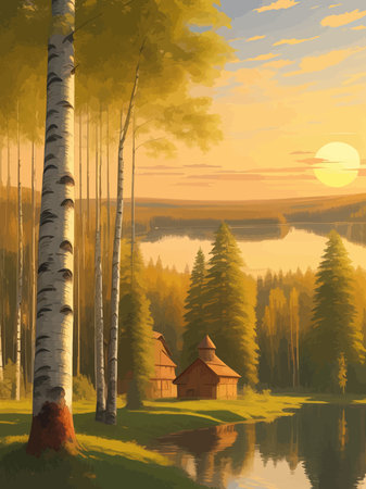 Vector illustration Autumn landscape golden alley park of birches near a pond , contemporary art impressionism abstractのイラスト素材