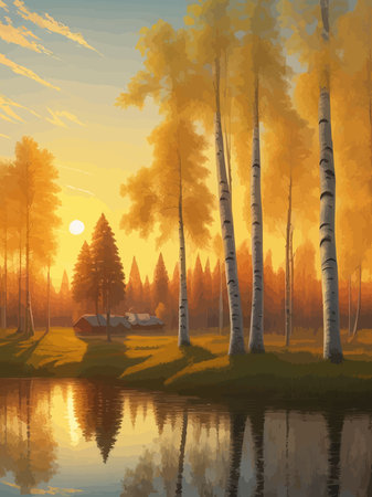 Vector illustration Autumn landscape golden alley park of birches near a pond , contemporary art impressionism abstractのイラスト素材