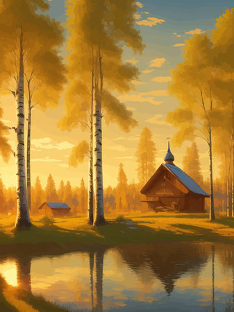 Vector illustration Autumn landscape golden alley park -modern art impressionism abstract landscape, Russian ruralのイラスト素材