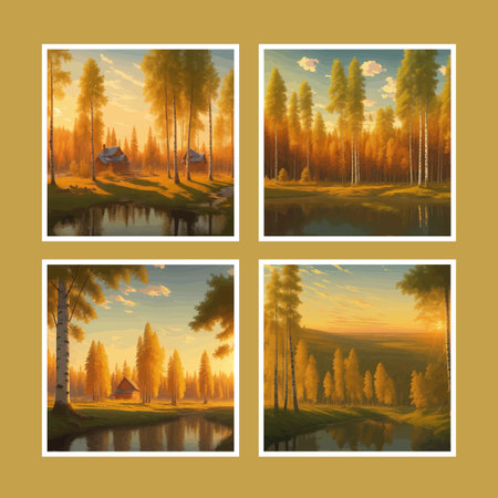 Vector illustration Autumn landscape golden alley park of birches near a pond , contemporary art impressionism abstractの写真素材
