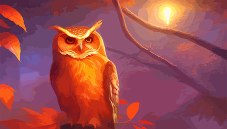 Owl. Realistic bird on dark moon forest background. Dark night background. autumn fairy tale art. Fashion templateのイラスト素材