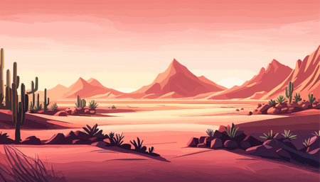 Desert background Summer with sun, sand, clouds, palms Trees Vector design style Nature Landscape.のイラスト素材
