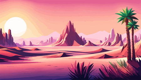 Desert background Summer with sun, sand, clouds, palms Trees Vector design style Nature Landscape.のイラスト素材