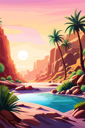Desert background Summer with sun, sand, clouds, palms Trees Vector design style Nature Landscape.のイラスト素材