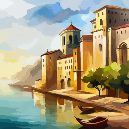 Old town street with water channel Stray vinice background, city landscape view, watercolor drawing, Vector illustration.のイラスト素材