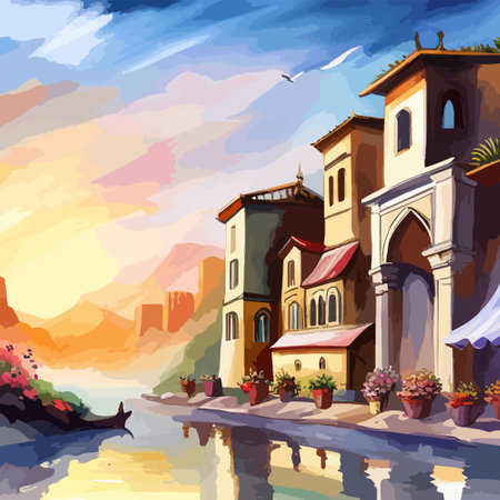 Old town street with water channel Stray vinice background, city landscape view, watercolor drawing, Vector illustration.のイラスト素材