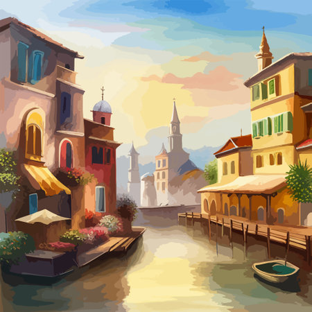 Old town street with water channel Stray vinice background, city landscape view, watercolor drawing, Vector illustration.のイラスト素材