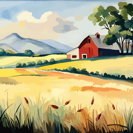 Farm on a hill with yellow or golden wheat field in a watercolor style, agriculture, cultivation, countryside, fieldのイラスト素材