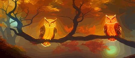 Owl. Realistic bird on dark moon forest background. Dark night background. autumn fairy tale art. Fashion templateのイラスト素材