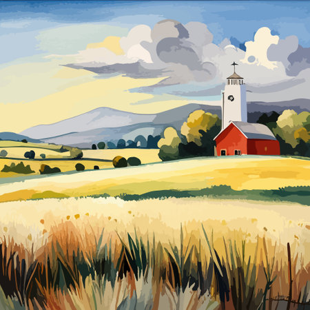 Farm on a hill with yellow or golden wheat field in a watercolor style, agriculture, cultivation, countryside, fieldのイラスト素材