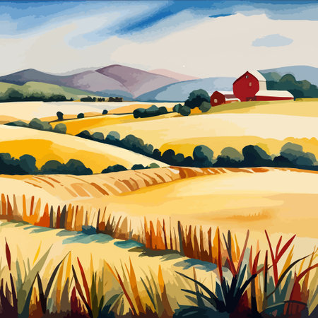Farm on a hill with yellow or golden wheat field in a watercolor style, agriculture, cultivation, countryside, fieldのイラスト素材
