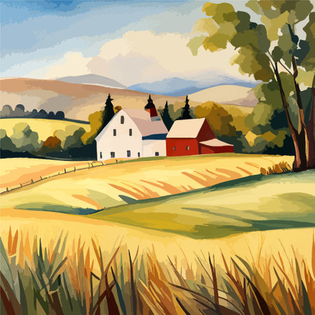 Farm on a hill with yellow or golden wheat field in a watercolor style, agriculture, cultivation, countryside, fieldのイラスト素材