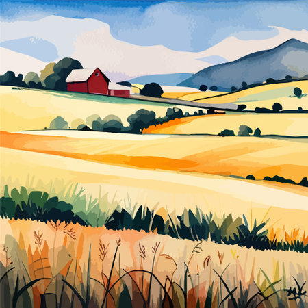 Farm on a hill with yellow or golden wheat field in a watercolor style, agriculture, cultivation, countryside, fieldのイラスト素材