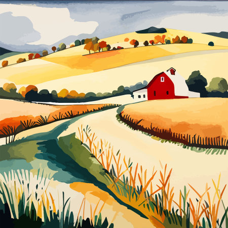 Farm on a hill with yellow or golden wheat field in a watercolor style, agriculture, cultivation, countryside, fieldのイラスト素材