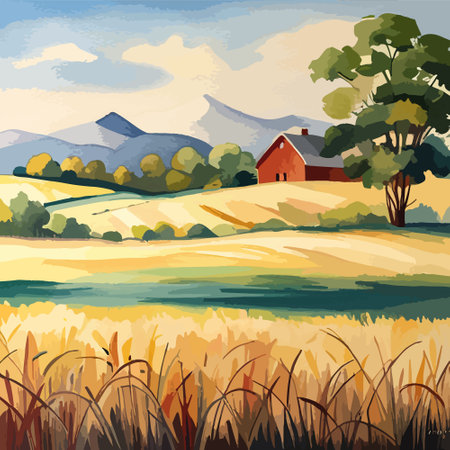 Farm on a hill with yellow or golden wheat field in a watercolor style, agriculture, cultivation, countryside, fieldのイラスト素材