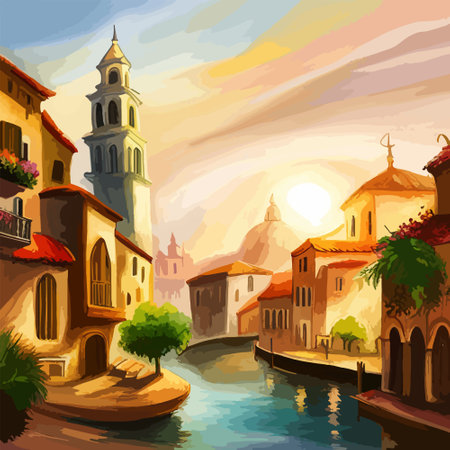 Old town street with water channel Stray vinice background, city landscape view, watercolor drawing, Vector illustration.のイラスト素材