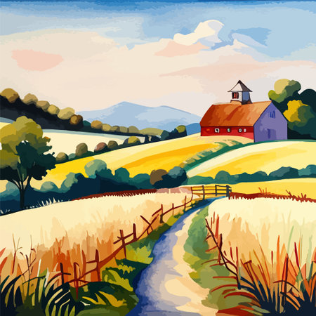 Farm on a hill with yellow or golden wheat field in a watercolor style, agriculture, cultivation, countryside, fieldのイラスト素材