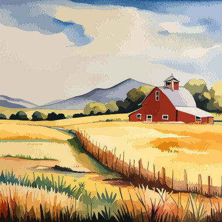 Farm on a hill with yellow or golden wheat field in a watercolor style, agriculture, cultivation, countryside, fieldのイラスト素材