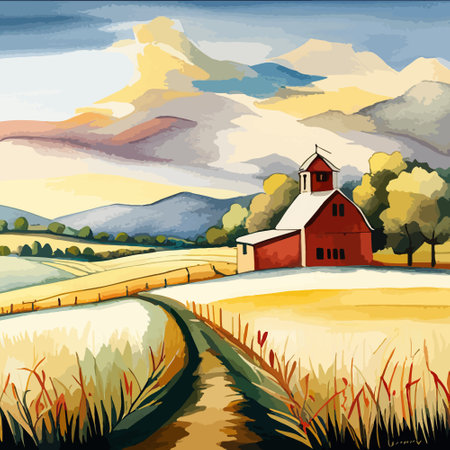 Farm on a hill with yellow or golden wheat field in a watercolor style, agriculture, cultivation, countryside, fieldのイラスト素材