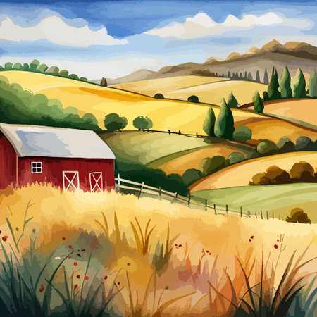 Farm on a hill with yellow or golden wheat field in a watercolor style, agriculture, cultivation, countryside, fieldのイラスト素材