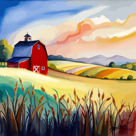 Farm on a hill with yellow or golden wheat field in a watercolor style, agriculture, cultivation, countryside, fieldのイラスト素材