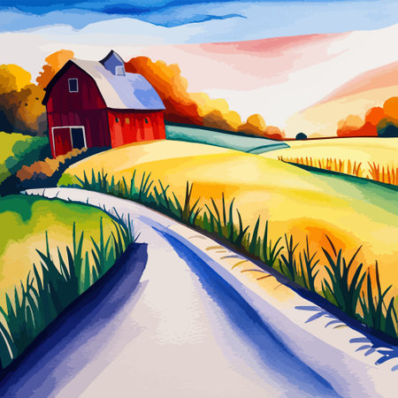 Farm on a hill with yellow or golden wheat field in a watercolor style, agriculture, cultivation, countryside, fieldのイラスト素材