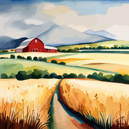 Farm on a hill with yellow or golden wheat field in a watercolor style, agriculture, cultivation, countryside, fieldのイラスト素材