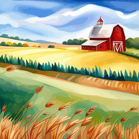Farm on a hill with yellow or golden wheat field in a watercolor style, agriculture, cultivation, countryside, fieldのイラスト素材